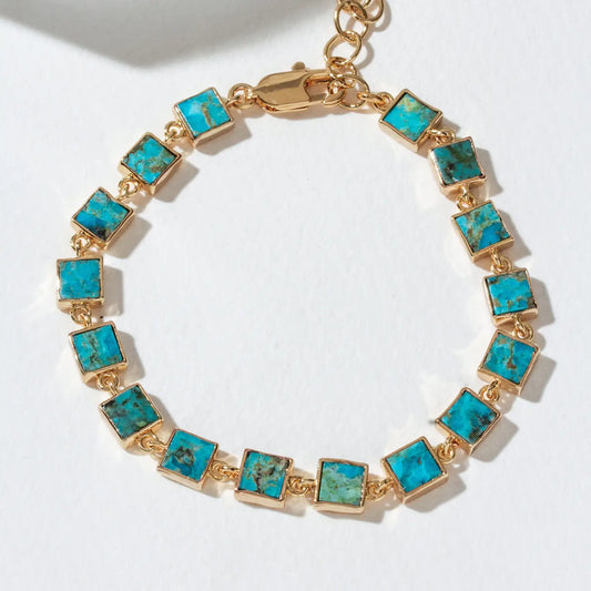 Genuine Turquoise Checkered Gold Bracelet